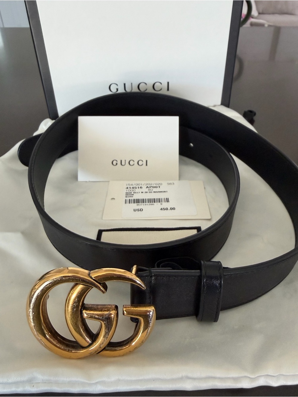 Gucci Black Leather Belt with Gold Double G Buckle